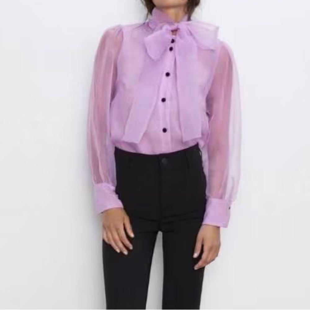 Semi Sheer Lavender Blouse with Bow - ZARA